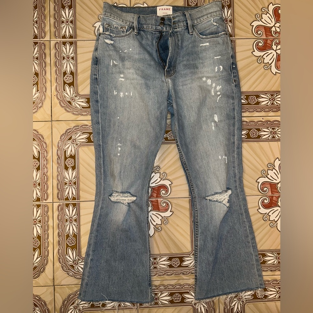 Frame Denim Light Blue Distressed Flare Jeans